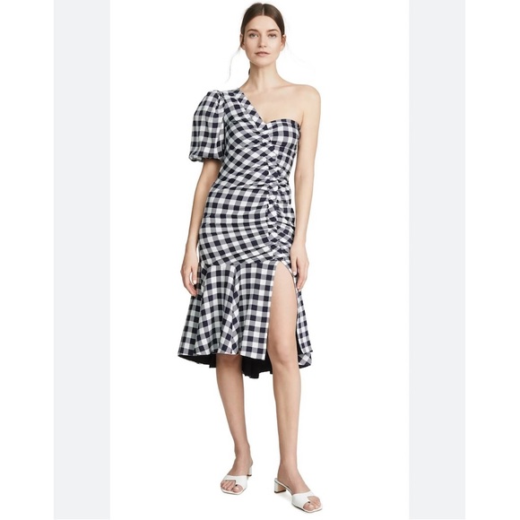 JONATHAN SIMKHAI Lux Twill One Sleeve Dress in Midnight Gingham Check Size 2 - Picture 1 of 16